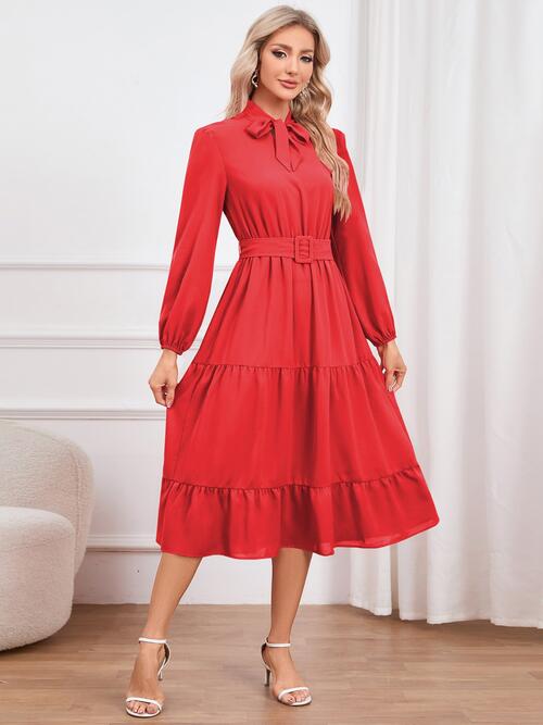 Tie Neck Long Sleeve Tiered Dress - Body By J'ne
