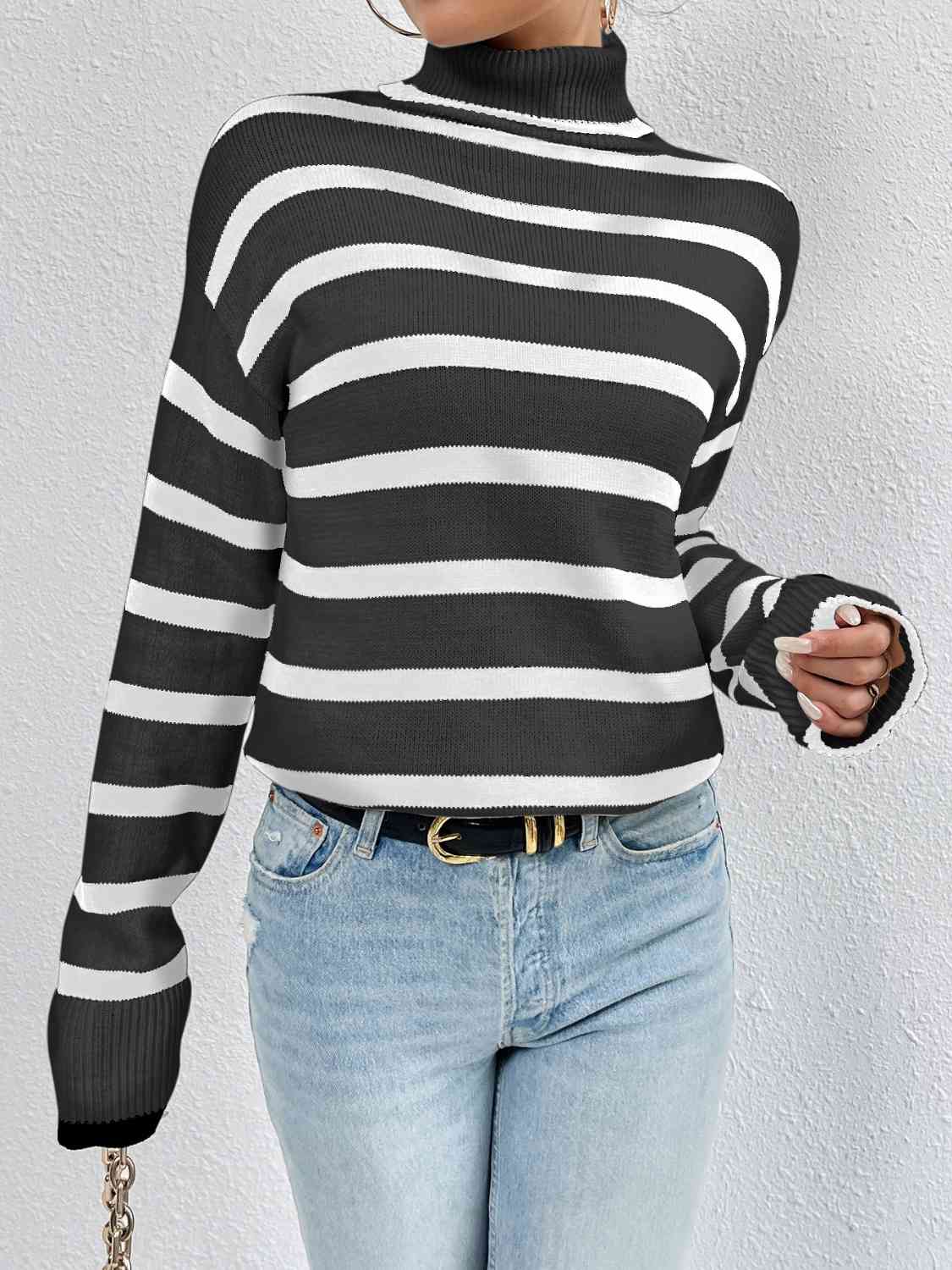 Striped Turtleneck Drop Shoulder Sweater - Body By J'ne