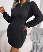 Cable-Knit Round Neck Mini Wrap Sweater Dress - Body By J'ne