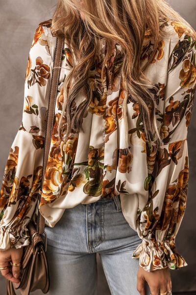 Printed Notched Long Sleeve Blouse - Body By J'ne