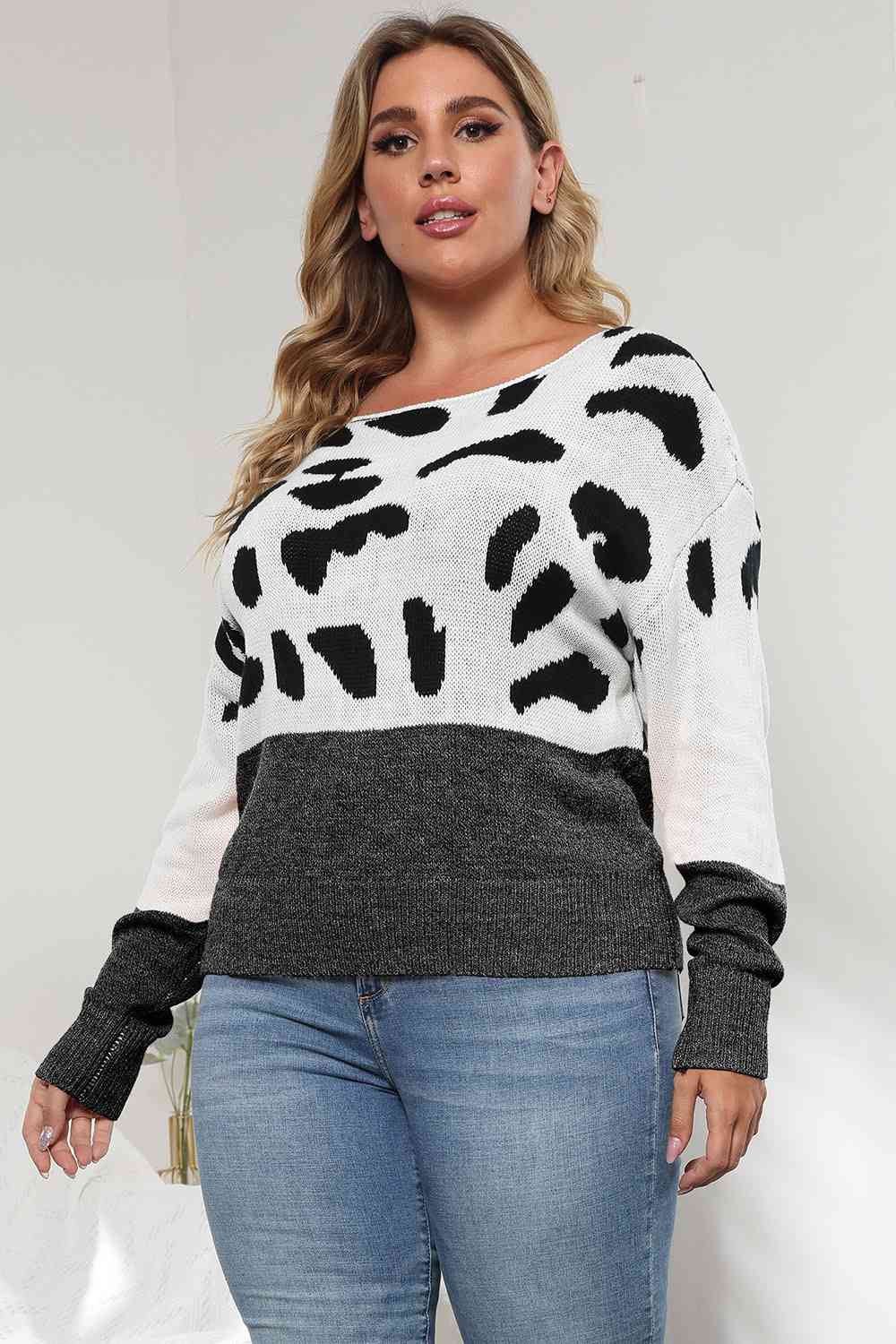 Plus Size Leopard Round Neck Long Sleeve Sweater - Body By J'ne