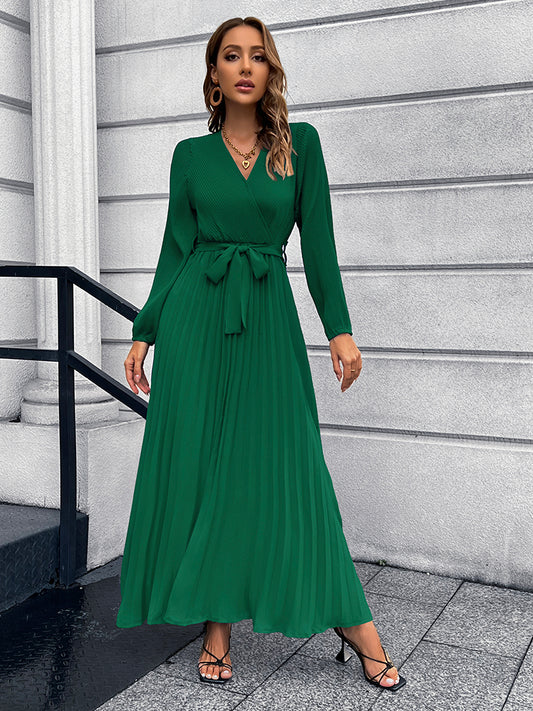 V-Neck Tie Waist Pleated Maxi Dress - Body By J'ne