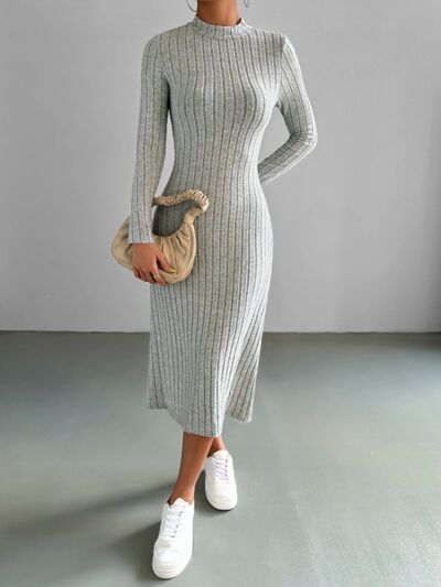 Ribbed Mock Neck Long Sleeve Midi Sweater Dress - Body By J'ne