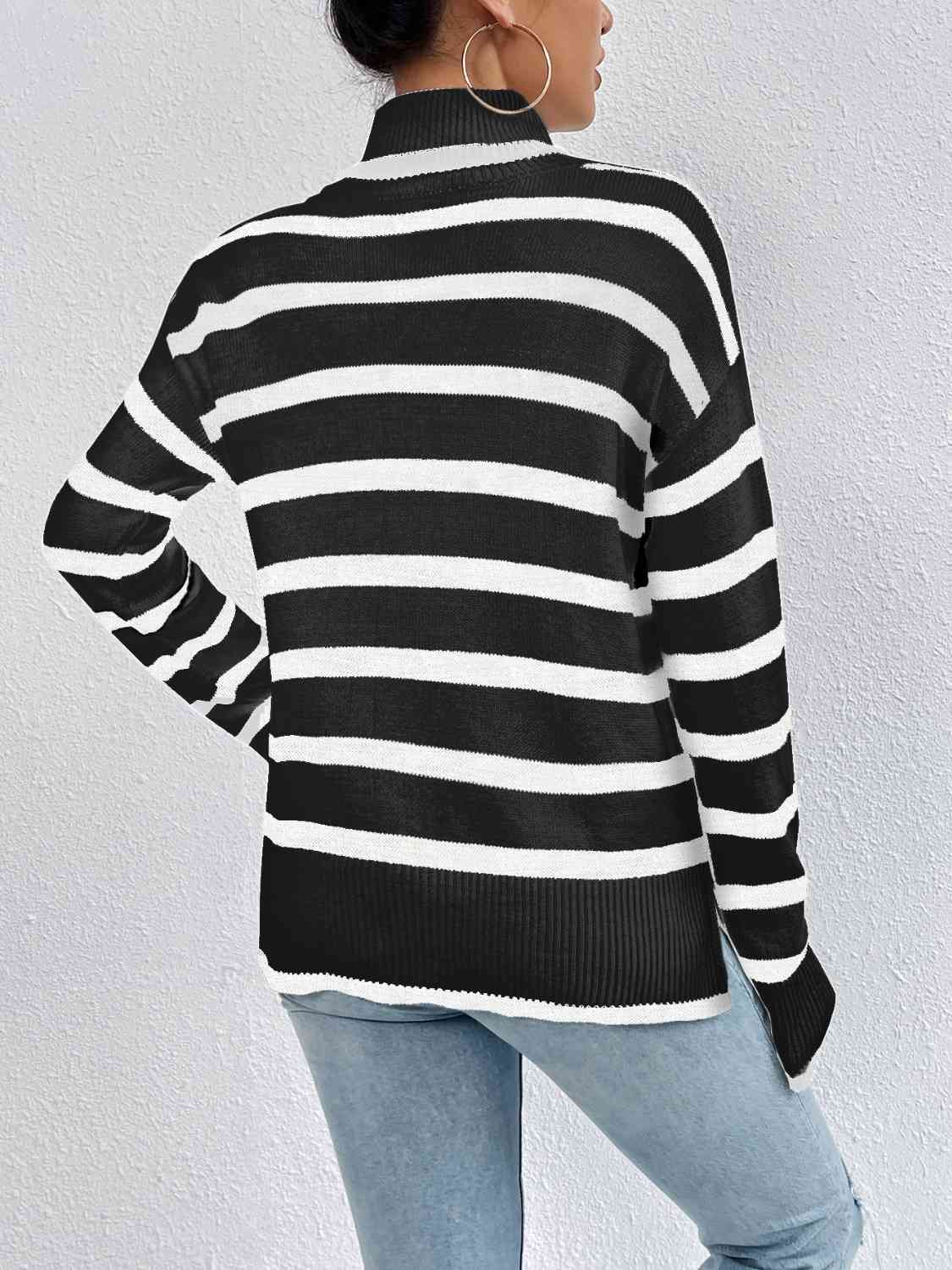 Striped Turtleneck Drop Shoulder Sweater - Body By J'ne
