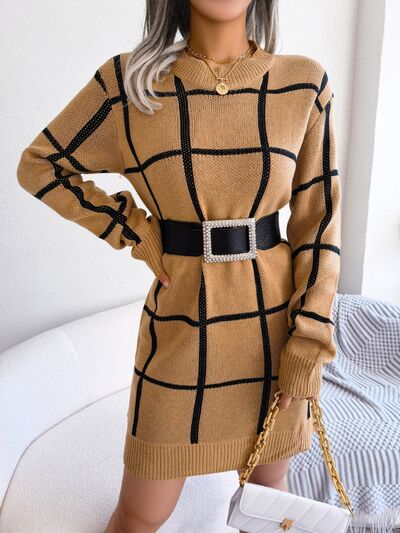 Plaid Round Neck Dropped Shoulder Sweater Dress - Body By J'ne