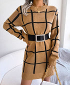 Plaid Round Neck Dropped Shoulder Sweater Dress - Body By J'ne