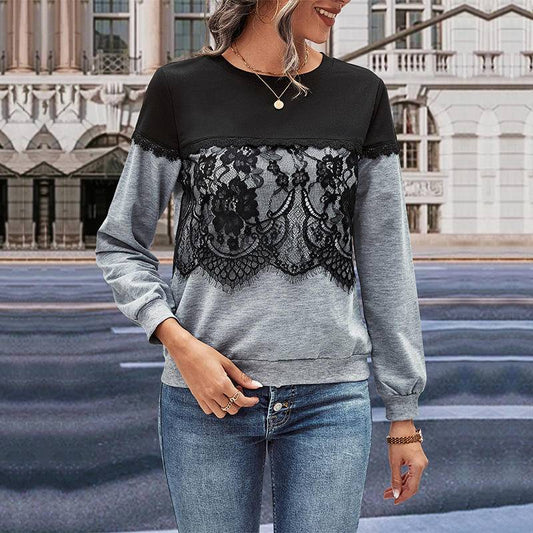 Floral Lace Contrast Round Neck Sweatshirt - Body By J'ne