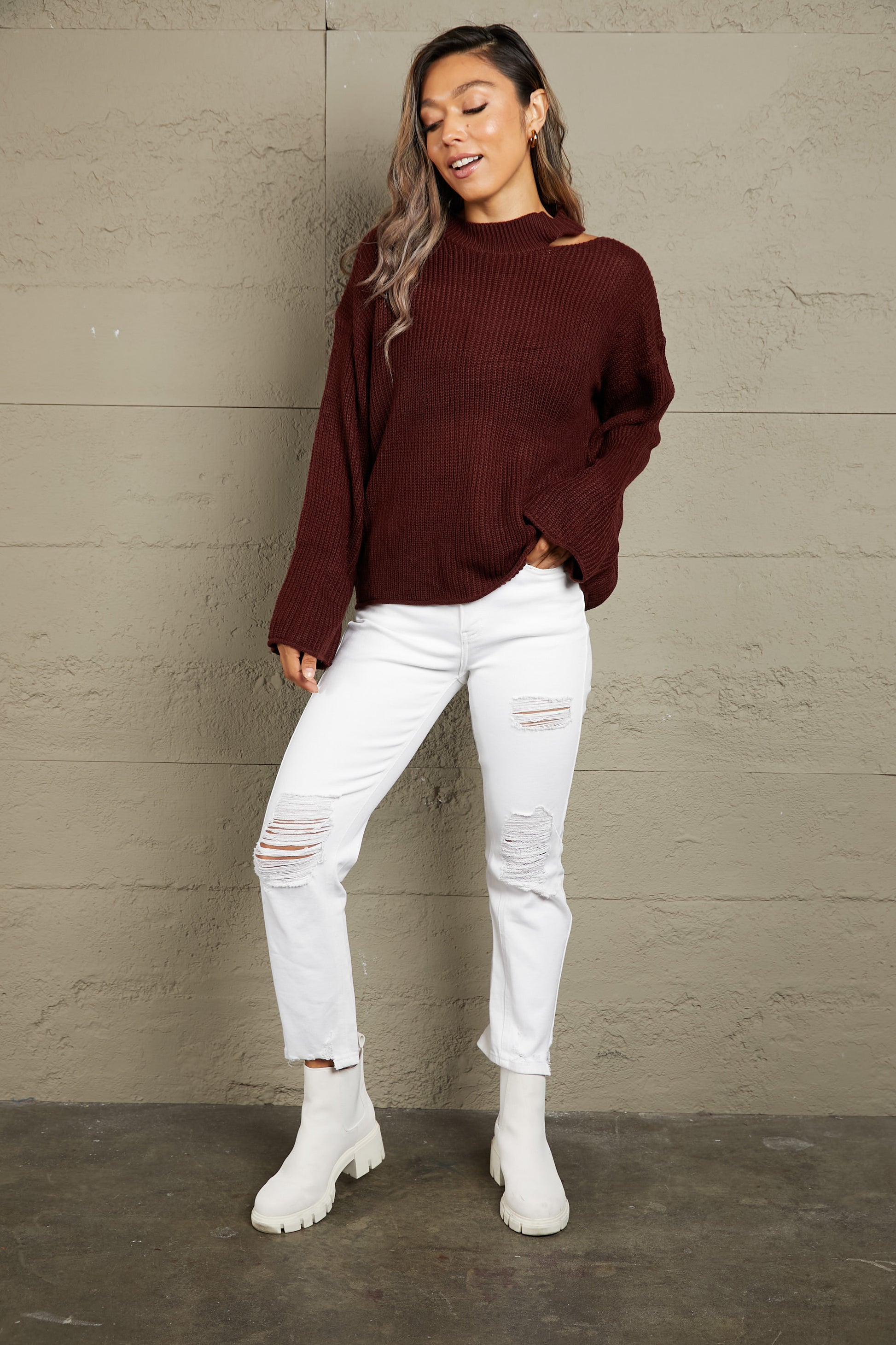 Round Neck Cutout Dropped Shoulder Sweater - Body By J'ne