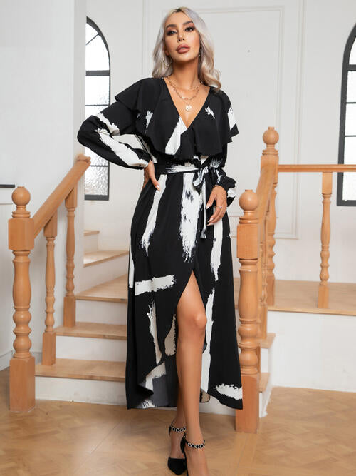 Printed Tie Front Ruffle Trim Long Sleeve Dress - Body By J'ne