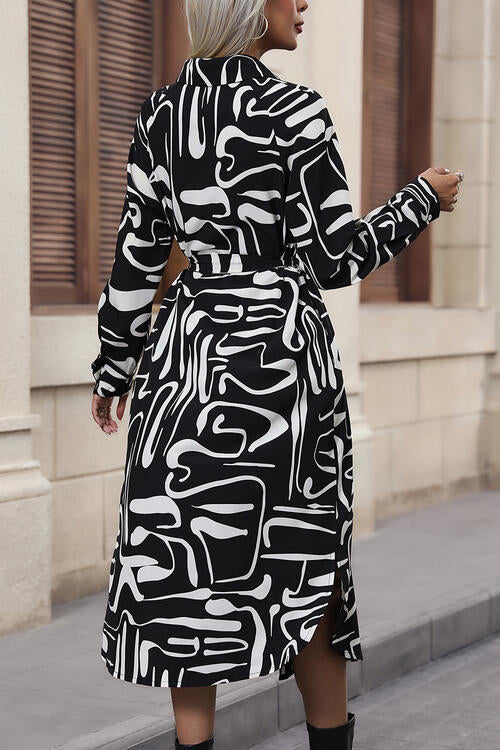 Printed Tie Front Collared Neck Slit Shirt Dress - Body By J'ne
