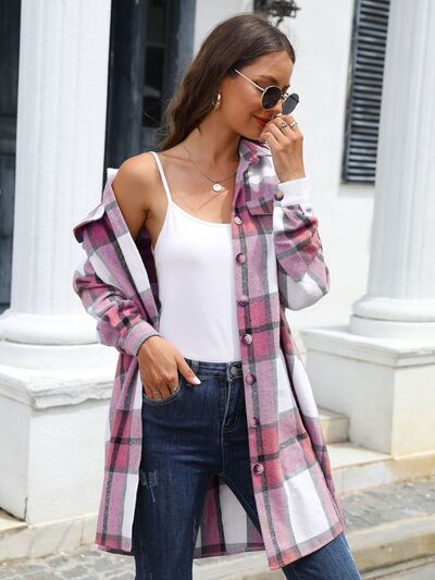 Plaid Belted Collared Neck Button Up Jacket - Body By J'ne