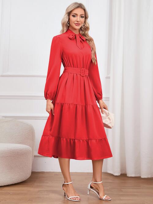 Tie Neck Long Sleeve Tiered Dress - Body By J'ne