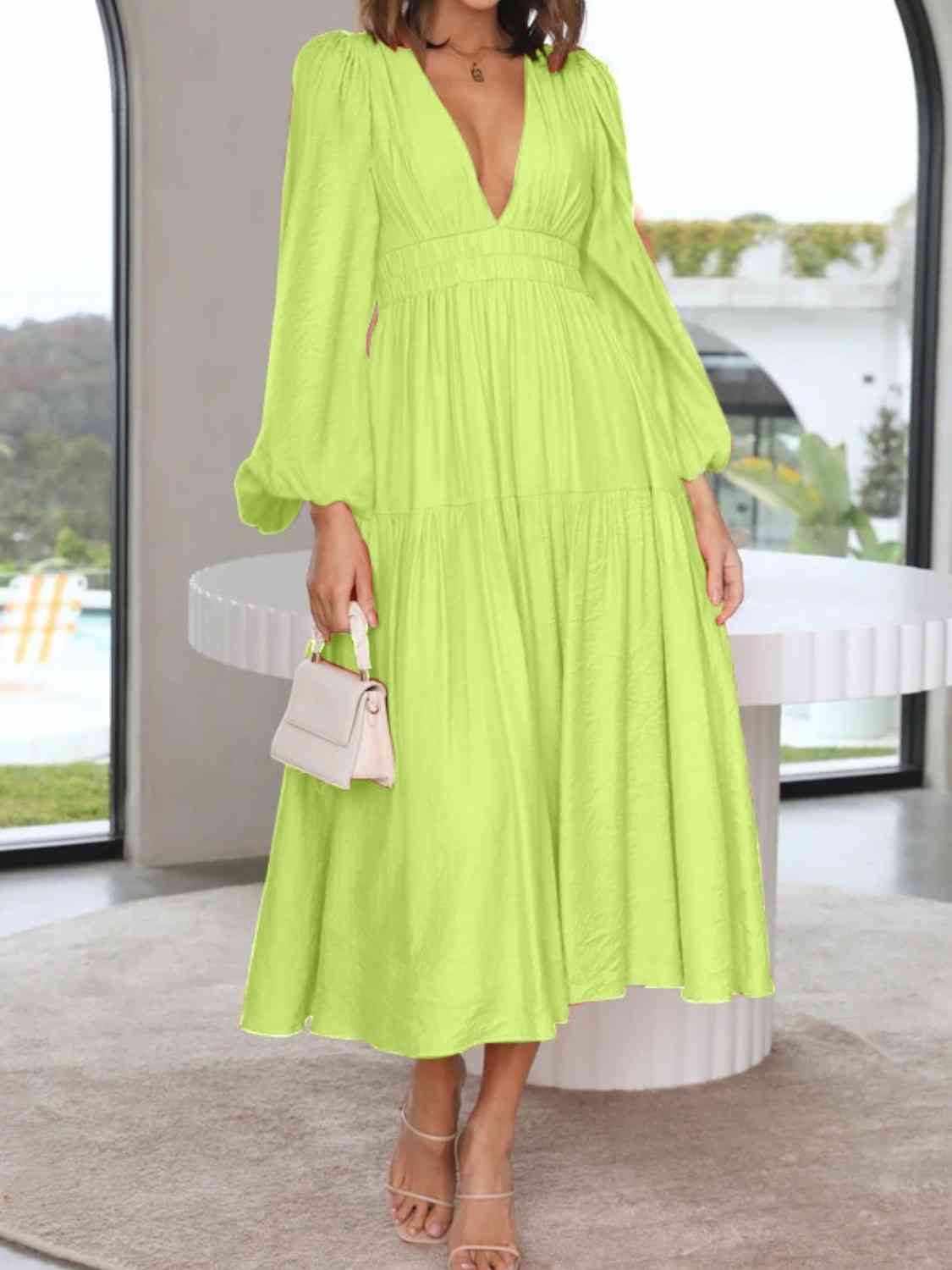 Deep V-Neck Balloon Sleeve Plain Maxi Dress - Body By J'ne