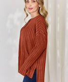 Full Size Ribbed Half Button Long Sleeve High-Low T-Shirt - Body By J'ne