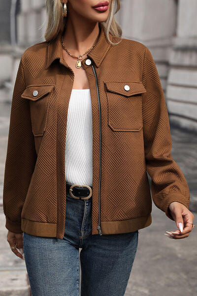 Textured Zip Up Collared Neck Jacket - Body By J'ne