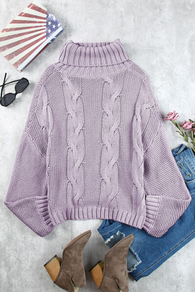 Cable-Knit Turtleneck Dropped Shoulder Sweater - Body By J'ne