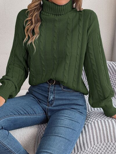 Cable-Knit Turtleneck Dropped Shoulder Sweater - Body By J'ne