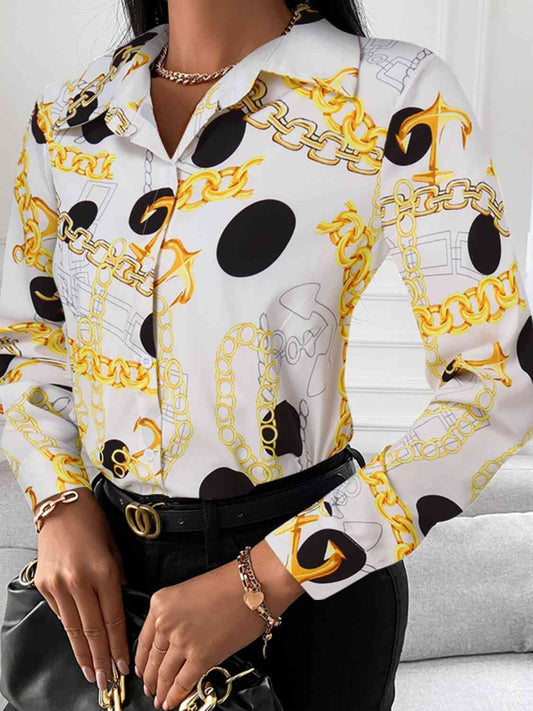 Printed Collared Neck Long Sleeve Shirt - Body By J'ne