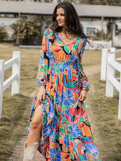 Printed Smocked Tie Neck Balloon Sleeve Maxi Dress - Body By J'ne