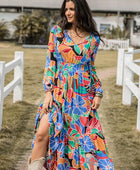 Printed Smocked Tie Neck Balloon Sleeve Maxi Dress - Body By J'ne