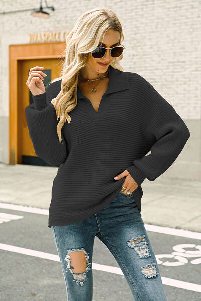 Ribbed Johnny Collar Pullover Sweater - Body By J'ne