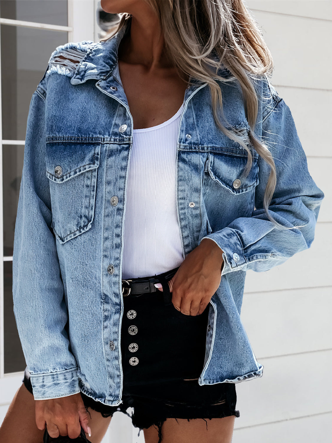 Distressed Snap Down Denim Jacket - Body By J'ne