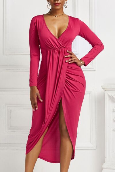 High-low Ruched Surplice Long Sleeve Dress - Body By J'ne