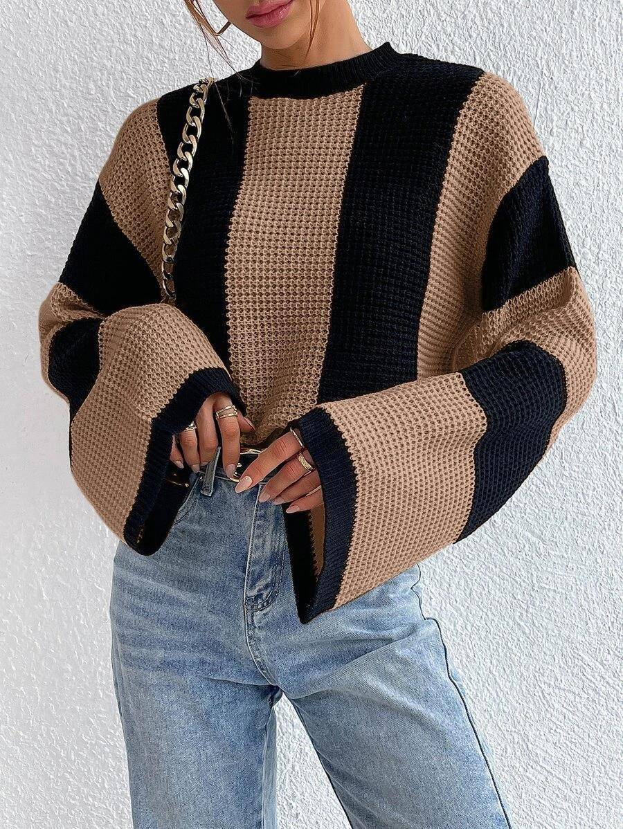 Crew Neck Waffle Drop Shoulder Knit Sweater - Body By J'ne