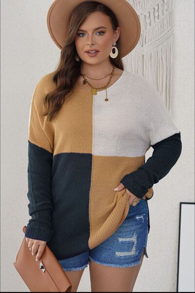 Plus Size Color Block Round Neck Sweater - Body By J'ne