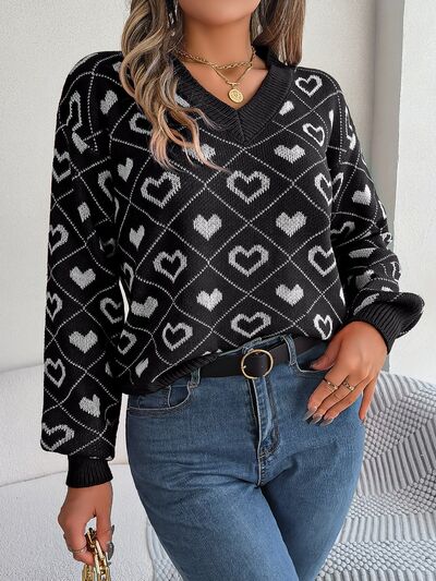 Heart Pattern V-Neck Long Sleeve Sweater - Body By J'ne