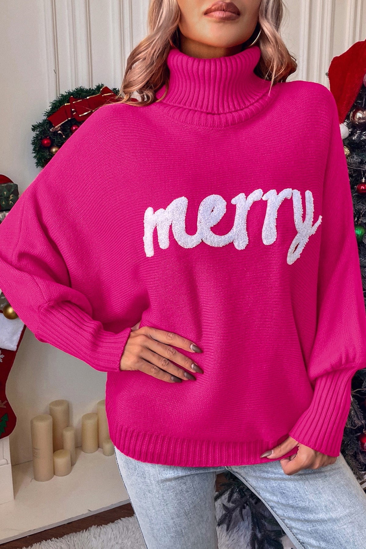 Rose Merry Letter Embroidered High Neck Sweater - Body By J'ne