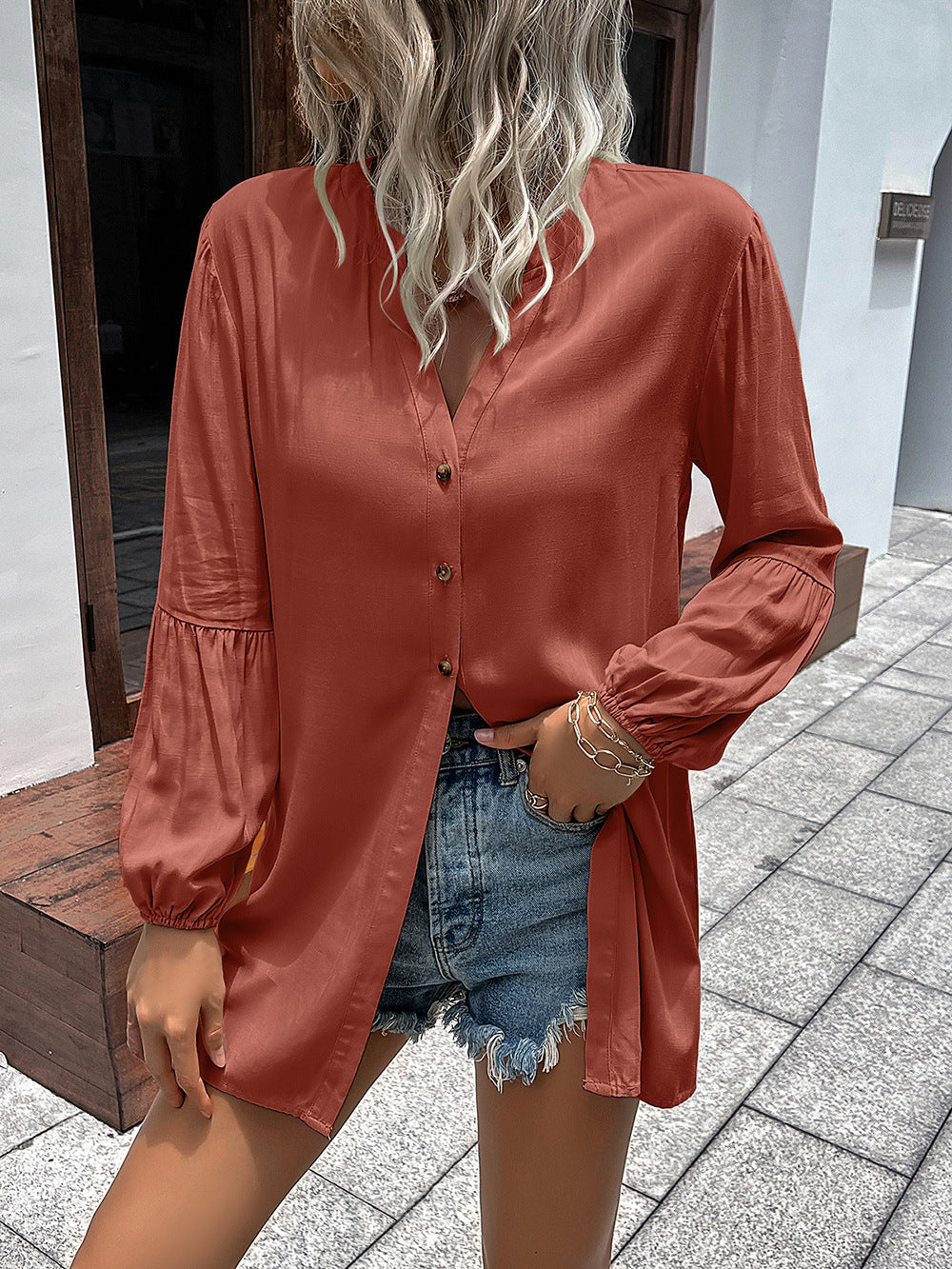 Notched Neck Balloon Sleeve Shirt - Body By J'ne