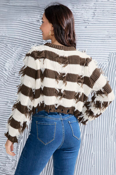 Striped Fringe Round Neck Sweater - Body By J'ne