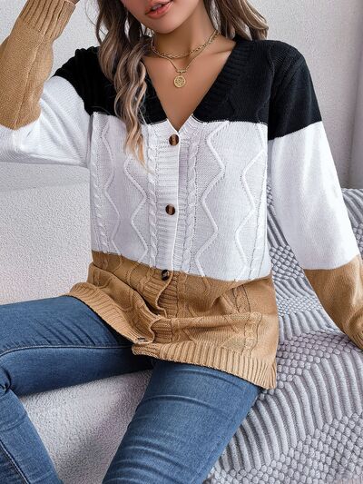 Cable-Knit Striped Button Up Cardigan - Body By J'ne