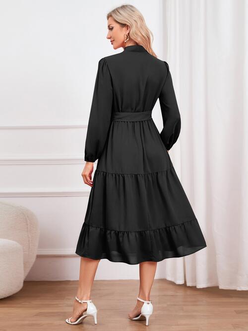 Tie Neck Long Sleeve Tiered Dress - Body By J'ne