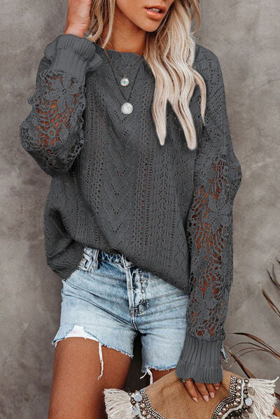 Openwork Lantern Sleeve Dropped Shoulder Sweater - Body By J'ne