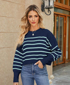 Round Neck Striped Lantern Sleeve Sweater - Body By J'ne