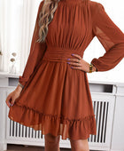 Frill Ruched Mock Neck Balloon Sleeve Dress - Body By J'ne