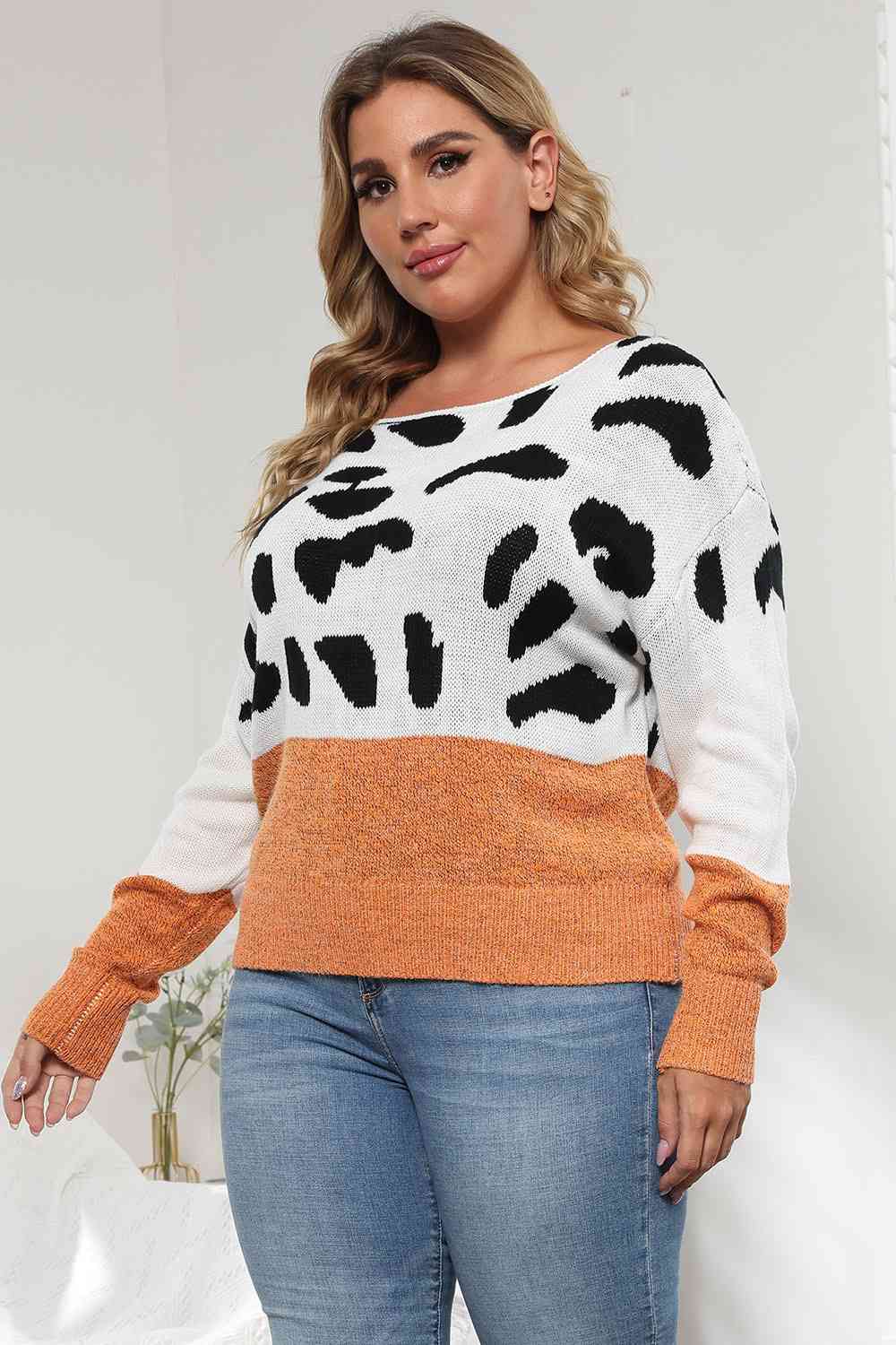 Plus Size Leopard Round Neck Long Sleeve Sweater - Body By J'ne