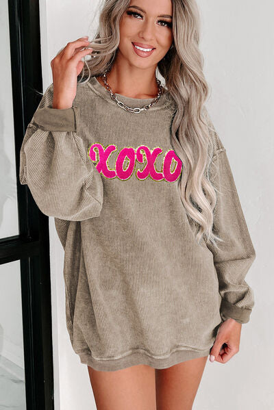 XOXO Sequin Round Neck Dropped Shoulder Sweatshirt - Body By J'ne