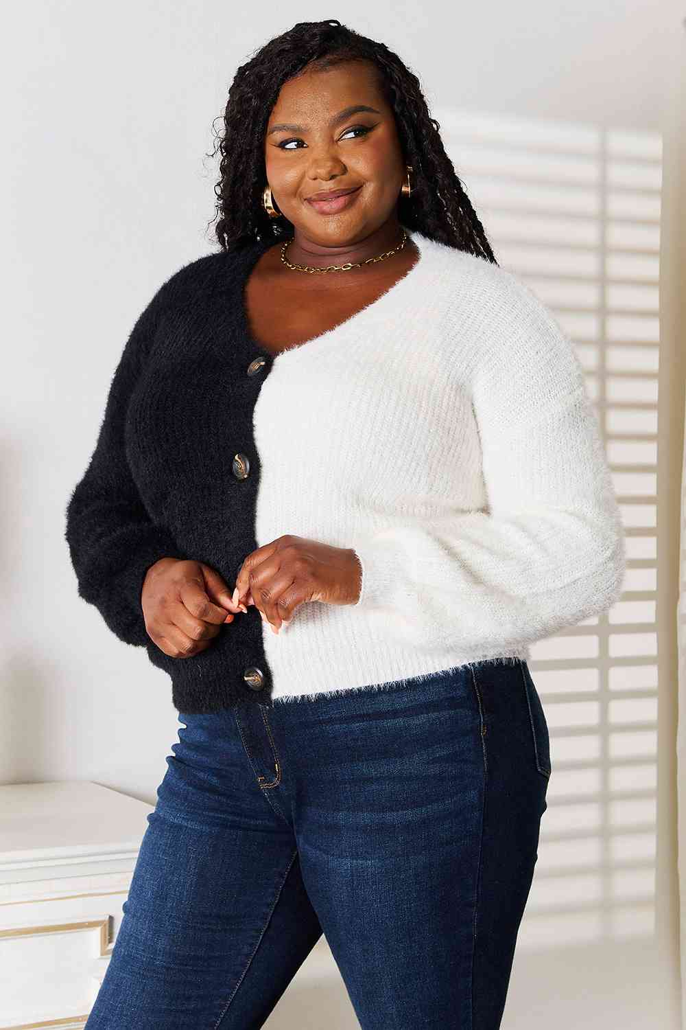 Radiant Contrast Button-Front V-Neck Cardigan - Body By J'ne