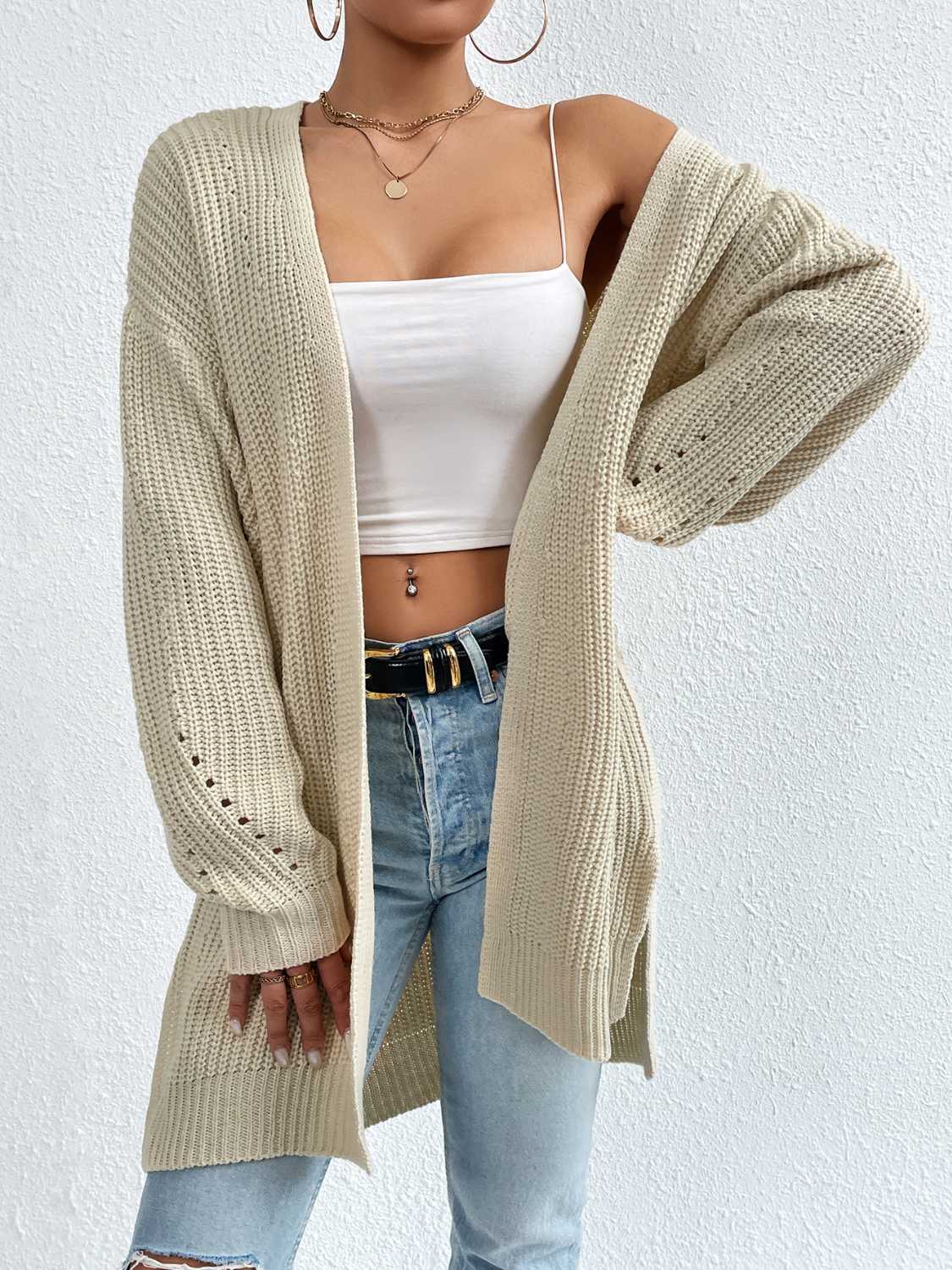 Open Front Dropped Shoulder Slit Cardigan - Body By J'ne