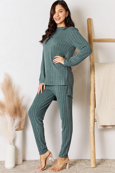 Basic Bae Full Size Ribbed Round Neck High-Low Slit Top and Pants Set - Body By J'ne