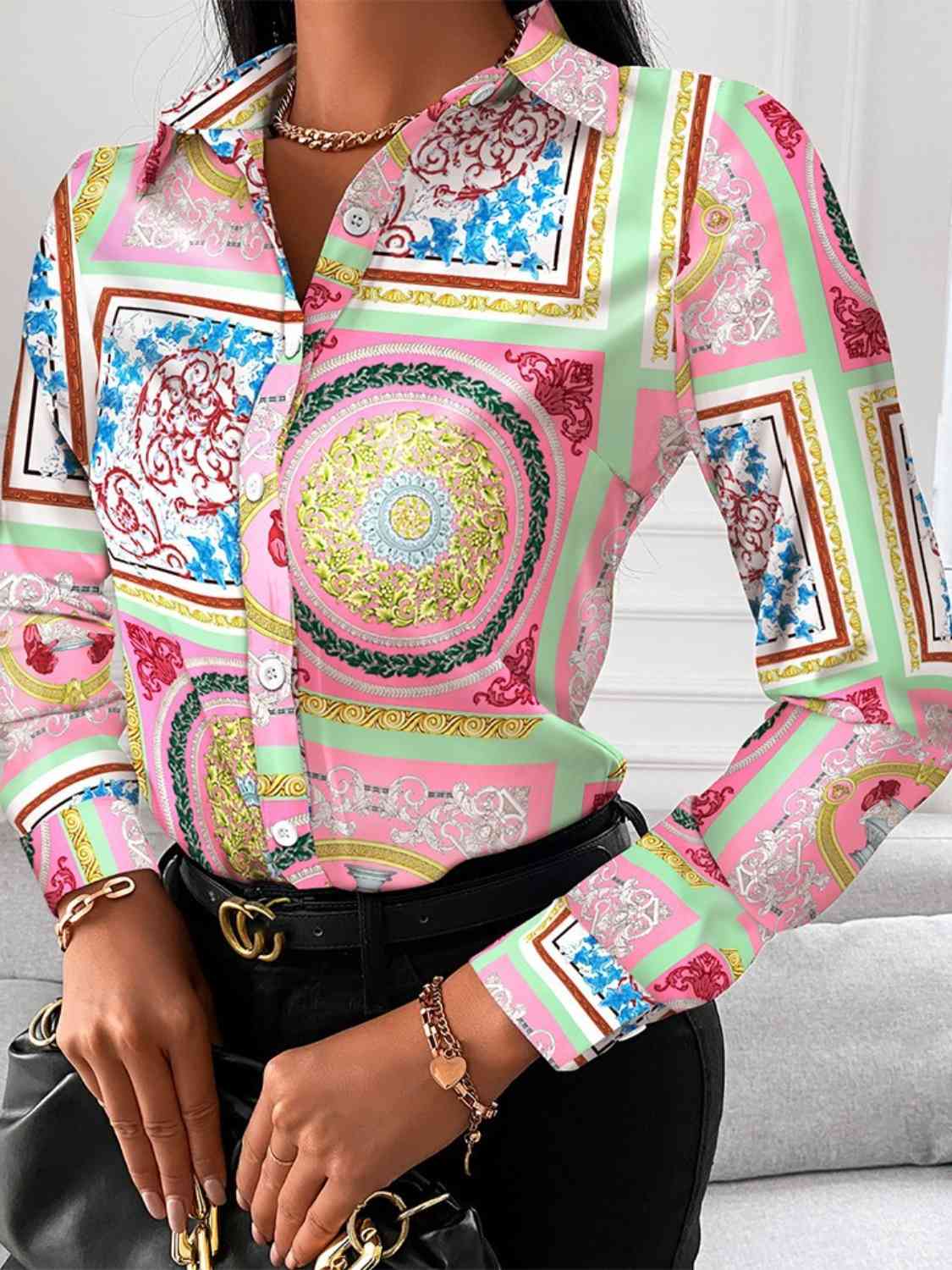 Printed Collared Neck Long Sleeve Shirt - Body By J'ne