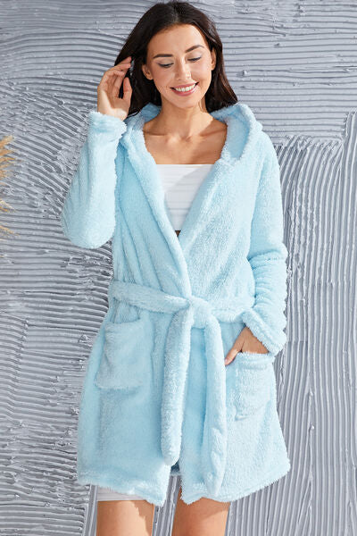 Fuzzy Tied Pocketed Hooded Lounge Nightgown - Body By J'ne
