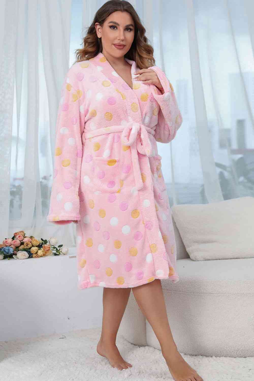Plus Size Printed Tie Waist Robe with Pocket - Body By J'ne