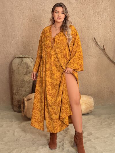 Plus Size Printed Slit Long Sleeve Dress - Body By J'ne