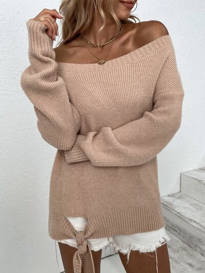 Ribbed Tied Off-Shoulder Sweater - Body By J'ne