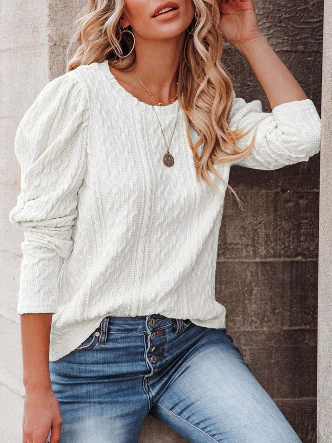 Round Neck Puff Sleeve Knit Top - Body By J'ne