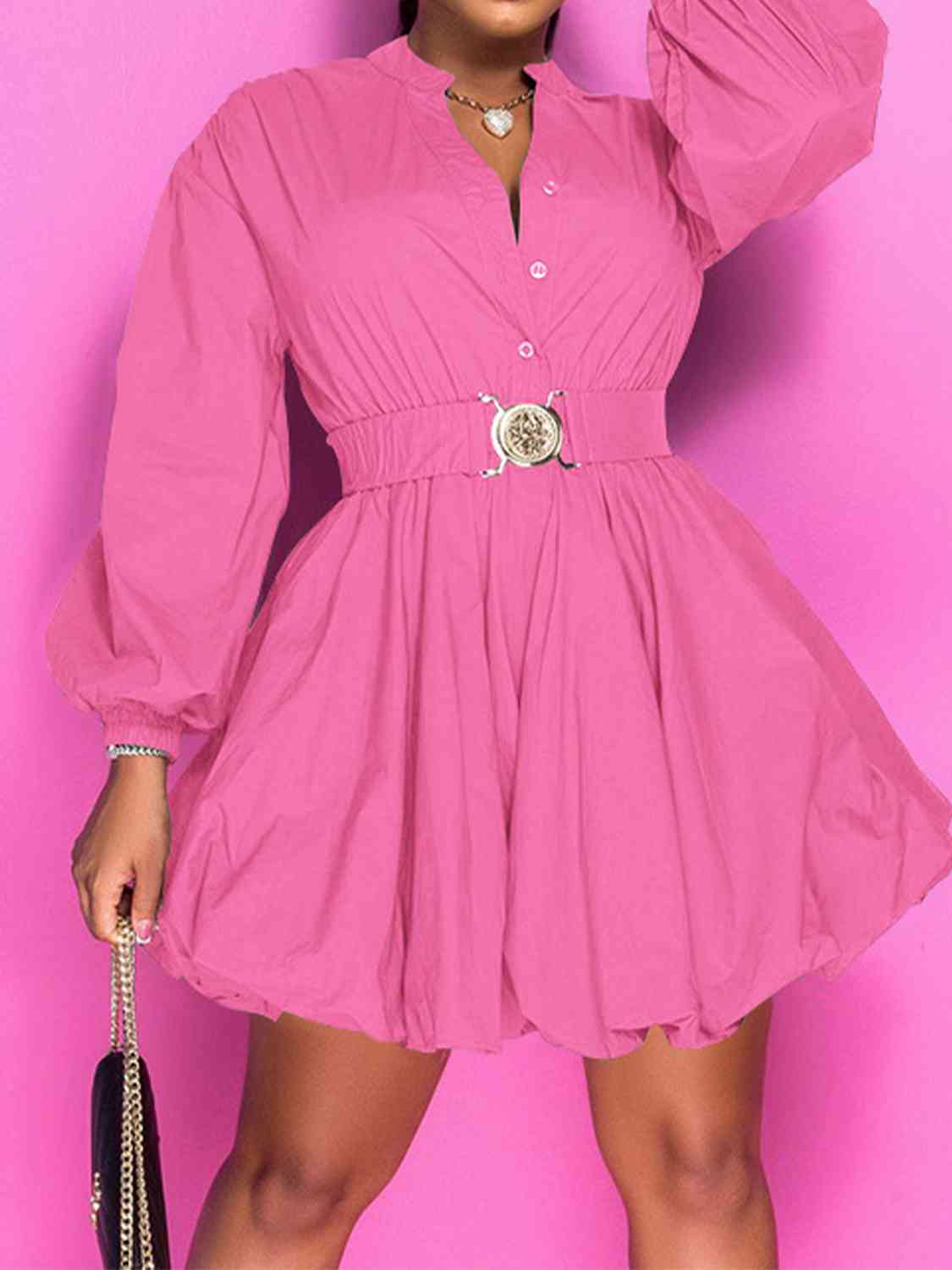 Notched Button Up Balloon Sleeves Dress - Body By J'ne